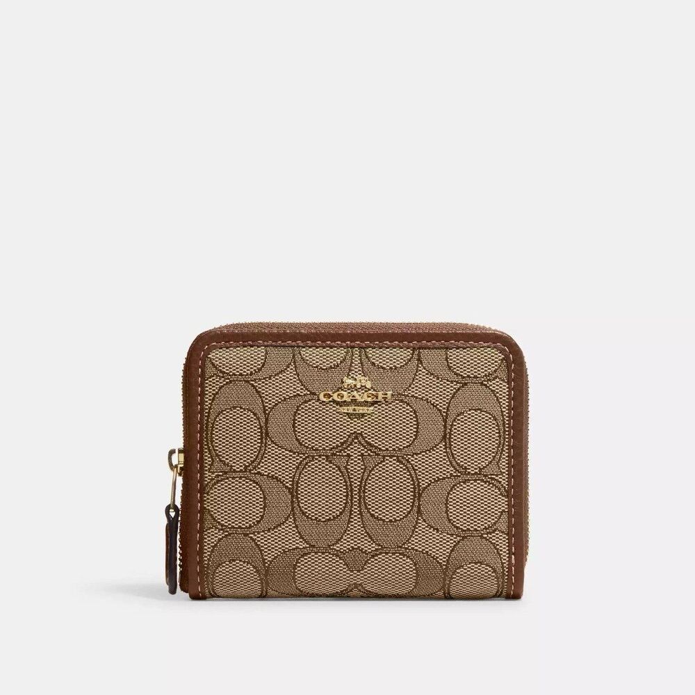 NWOT Coach CH389 Signature Jacquard Pebble Leather Trim Small Zip Around Wallet